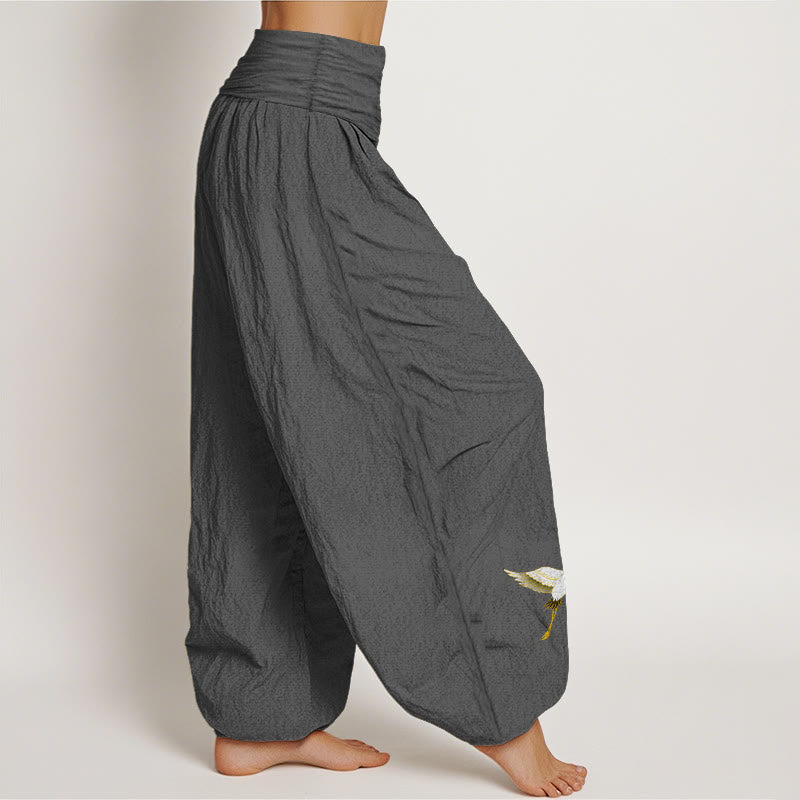 Pantaloni harem da donna in puro cotone con elastico in vita e motivo a gru e fiori di pesco, motivo Buddha Stones - image 9