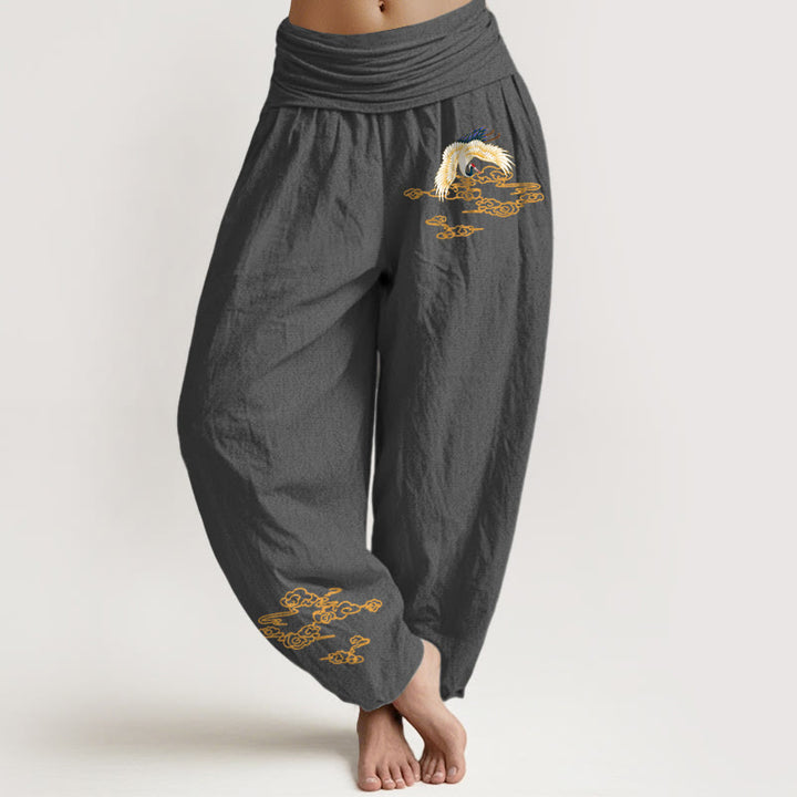 Pantaloni harem in cotone con elastico in vita, motivo Buddha Stones Plain Crane e nuvole di buon auspicio, da donna - Grigio scuro - US22, UK/AU26, EU54 (6XL) - image 0