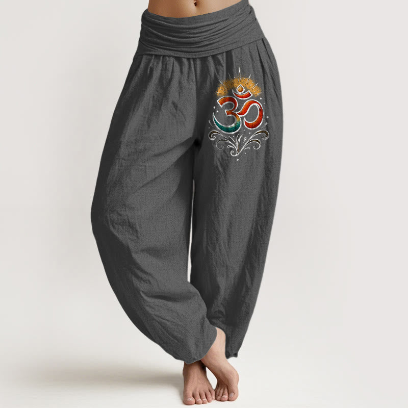 Pantaloni harem in cotone con elastico in vita e motivo leggero Buddha Stones simbolo Om - Grigio scuro - US22, UK/AU26, EU54 (6XL) - image 11