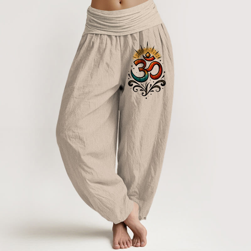 Pantaloni harem in cotone con elastico in vita e motivo leggero Buddha Stones simbolo Om - Tan - US22, UK/AU26, EU54 (6XL) - image 0