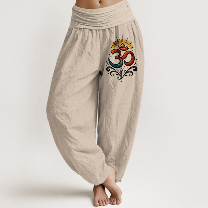 Pantaloni harem in cotone con elastico in vita e motivo leggero Buddha Stones simbolo Om - Tan - US22, UK/AU26, EU54 (6XL) - image 0