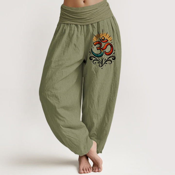 Pantaloni harem in cotone con elastico in vita e motivo leggero Buddha Stones simbolo Om - Verde oliva - US22, UK/AU26, EU54 (6XL) - image 14