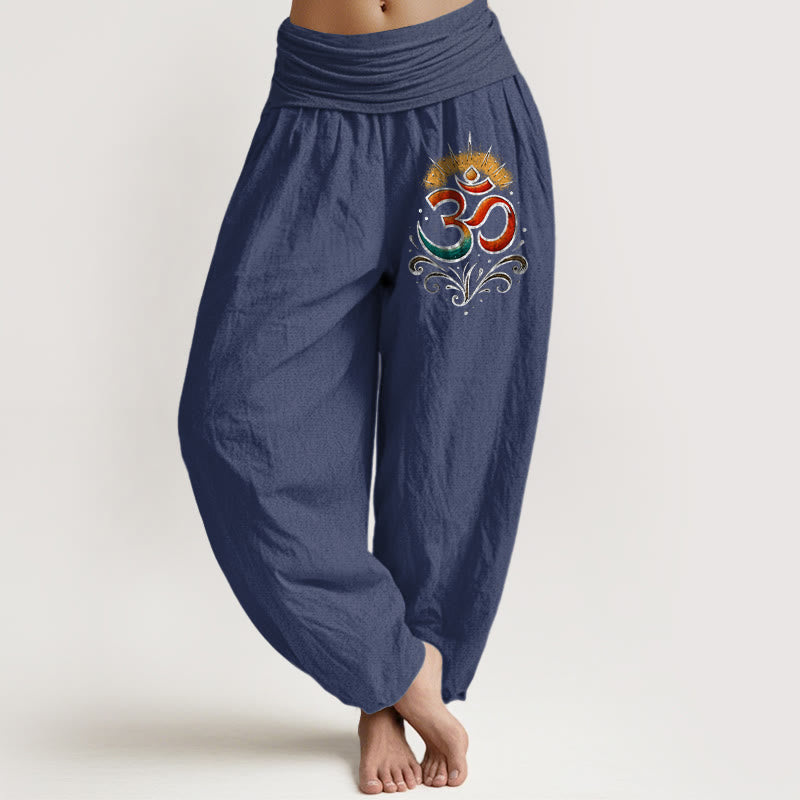 Pantaloni harem in cotone con elastico in vita e motivo leggero Buddha Stones simbolo Om - Blu ardesia scuro - US22, UK/AU26, EU54 (6XL) - image 8