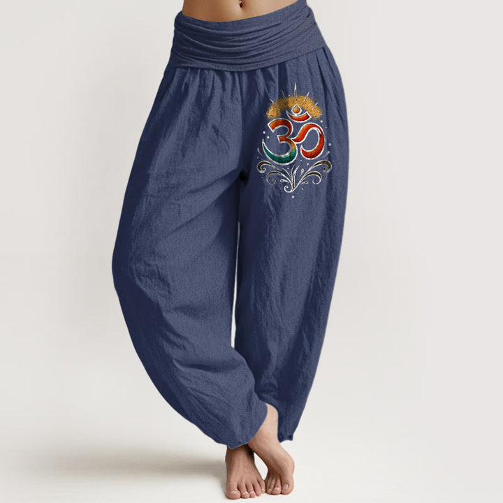 Pantaloni harem in cotone con elastico in vita e motivo leggero Buddha Stones simbolo Om - Blu ardesia scuro - US22, UK/AU26, EU54 (6XL) - image 8