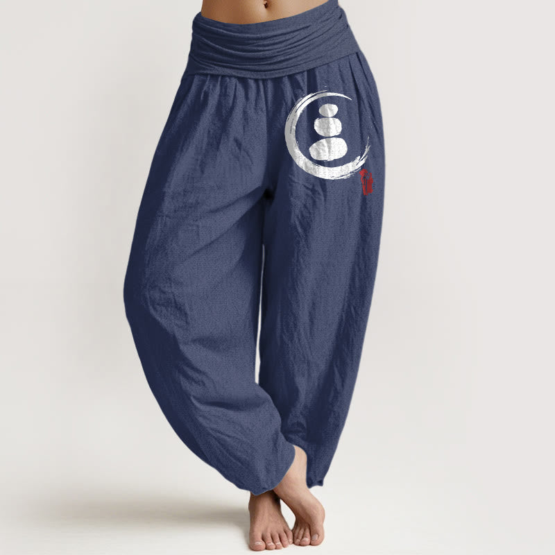Pantaloni harem in cotone con elastico in vita e motivo a cerchio con pietre impilate Buddha Stones Ensō - Blu ardesia scuro - US22, UK/AU26, EU54 (6XL) - image 8