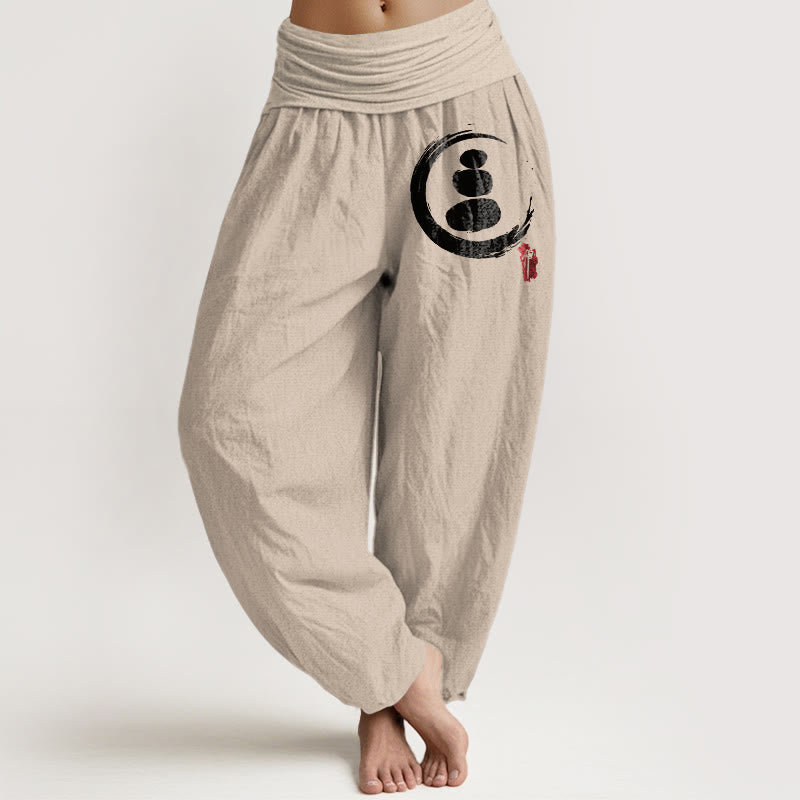 Pantaloni harem in cotone con elastico in vita e motivo a cerchio con pietre impilate Buddha Stones Ensō - Tan - US22, UK/AU26, EU54 (6XL) - image 14