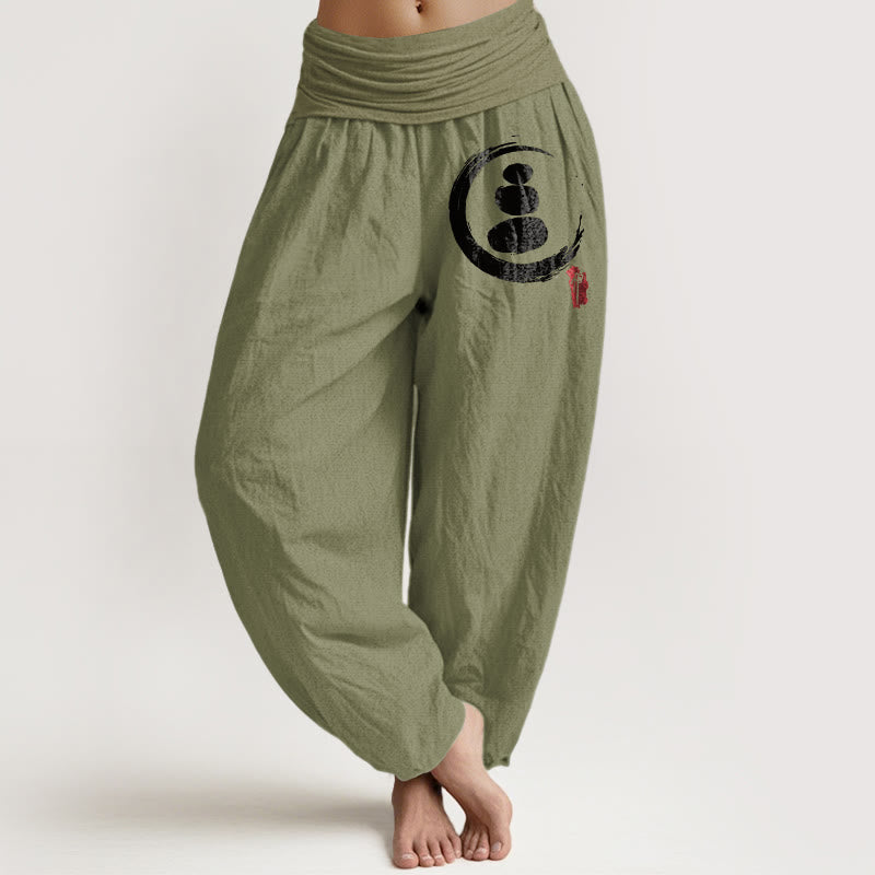 Pantaloni harem in cotone con elastico in vita e motivo a cerchio con pietre impilate Buddha Stones Ensō - Verde oliva - US22, UK/AU26, EU54 (6XL) - image 0