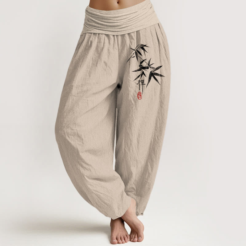 Pantaloni harem da donna con elastico in vita e motivo zen in puro cotone e bambù con Buddha Stones - Tan - US22, UK/AU26, EU54 (6XL) - image 0