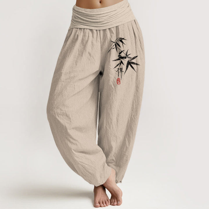 Pantaloni harem da donna con elastico in vita e motivo zen in puro cotone e bambù con Buddha Stones - Tan - US22, UK/AU26, EU54 (6XL) - image 0
