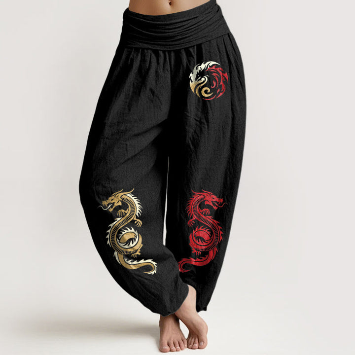 Pantaloni harem da donna con elastico in vita e motivo drago in puro cotone Buddha Stones - Nero - US22, UK/AU26, EU54 (6XL) - image 0