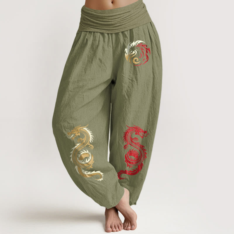 Pantaloni harem da donna con elastico in vita e motivo drago in puro cotone Buddha Stones - Verde oliva - US22, UK/AU26, EU54 (6XL) - image 14