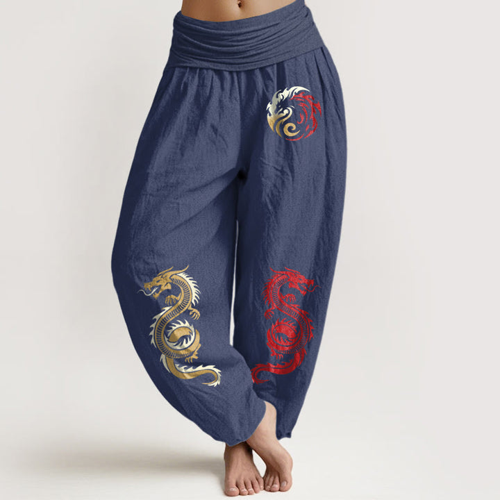 Pantaloni harem da donna con elastico in vita e motivo drago in puro cotone Buddha Stones - Blu ardesia scuro - US22, UK/AU26, EU54 (6XL) - image 5