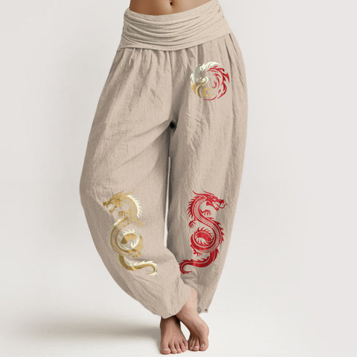 Pantaloni harem da donna con elastico in vita e motivo drago in puro cotone Buddha Stones - Tan - US22, UK/AU26, EU54 (6XL) - image 11