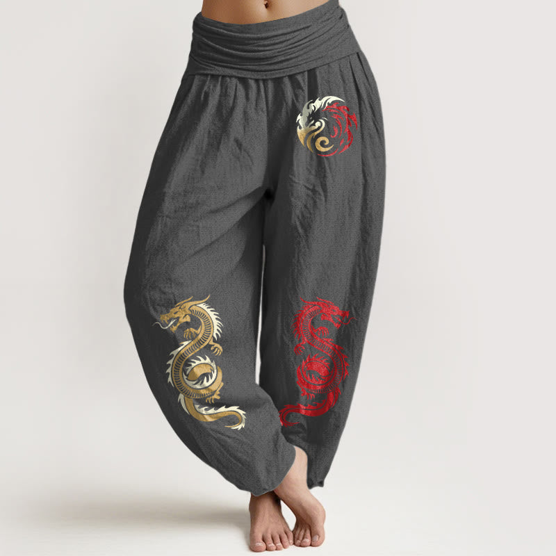Pantaloni harem da donna con elastico in vita e motivo drago in puro cotone Buddha Stones - Grigio tenue - US22, UK/AU26, EU54 (6XL) - image 8