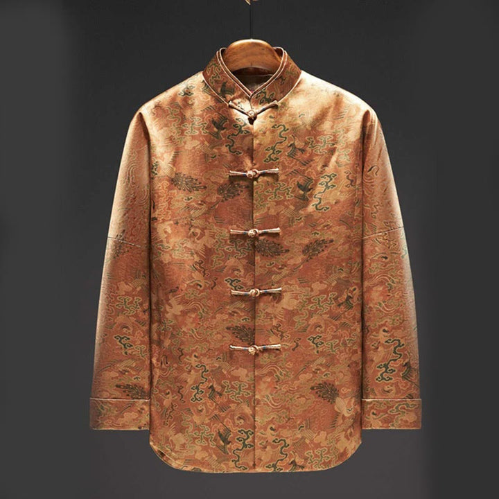 Giacca da uomo a maniche lunghe con motivo "Fenice Nuvole di Buon Auspicio" in seta di gelso 100% Buddha Stones, 30 momme - Verga d'oro - US/UK/AU44, EU54 (4XL) - image 0