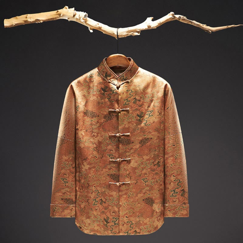 Giacca da uomo a maniche lunghe con motivo "Fenice Nuvole di Buon Auspicio" in seta di gelso 100% Buddha Stones, 30 momme - image 2