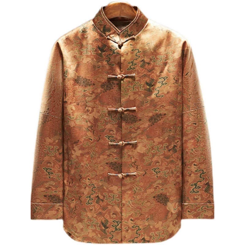 Giacca da uomo a maniche lunghe con motivo "Fenice Nuvole di Buon Auspicio" in seta di gelso 100% Buddha Stones, 30 momme - image 4