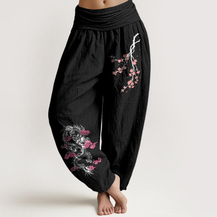 Pantaloni harem in cotone con elastico in vita, motivo floreale, motivo Buddha Stones Dragon Clouds di buon auspicio da donna - Nero - US22, UK/AU26, EU54 (6XL) - image 0