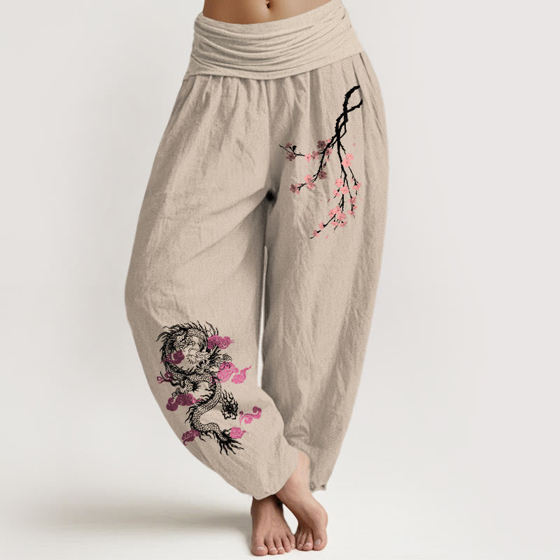 Pantaloni harem in cotone con elastico in vita, motivo floreale, motivo Buddha Stones Dragon Clouds di buon auspicio da donna - Tan - US22, UK/AU26, EU54 (6XL) - image 11
