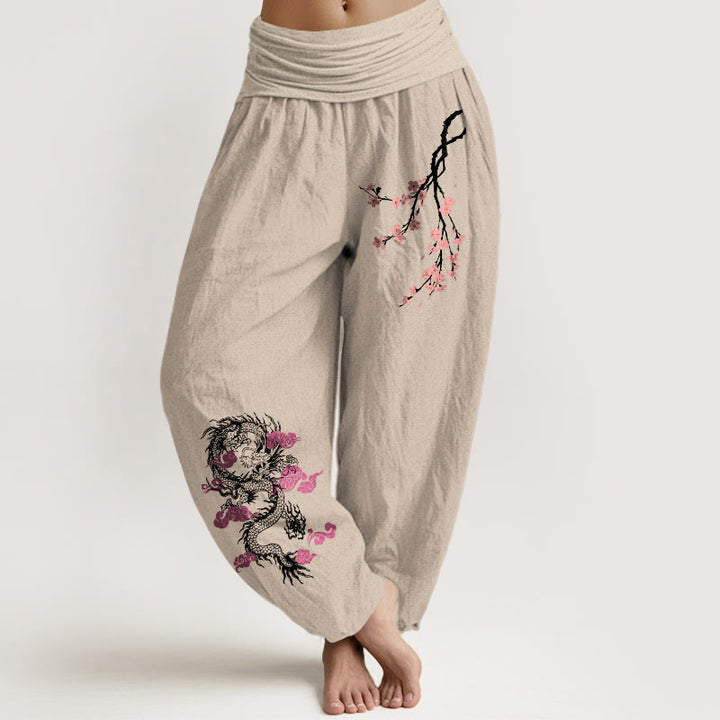 Pantaloni harem in cotone con elastico in vita, motivo floreale, motivo Buddha Stones Dragon Clouds di buon auspicio da donna - Tan - US22, UK/AU26, EU54 (6XL) - image 11