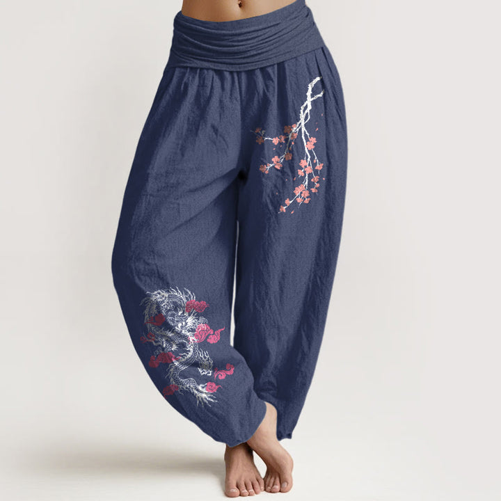 Pantaloni harem in cotone con elastico in vita, motivo floreale, motivo Buddha Stones Dragon Clouds di buon auspicio da donna - DarkSlateBlue - US22, UK/AU26, EU54 (6XL) - image 5