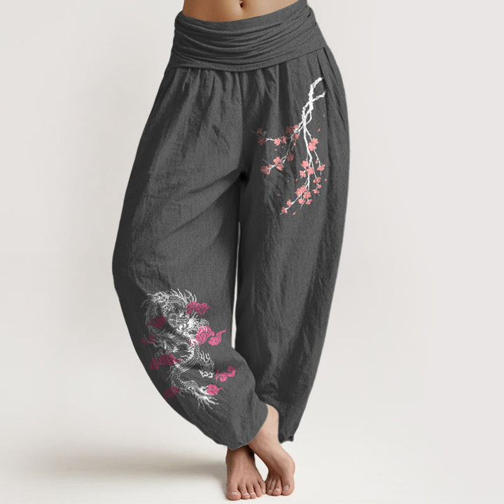 Pantaloni harem in cotone con elastico in vita, motivo floreale, motivo Buddha Stones Dragon Clouds di buon auspicio da donna - Grigio scuro - US22, UK/AU26, EU54 (6XL) - image 8