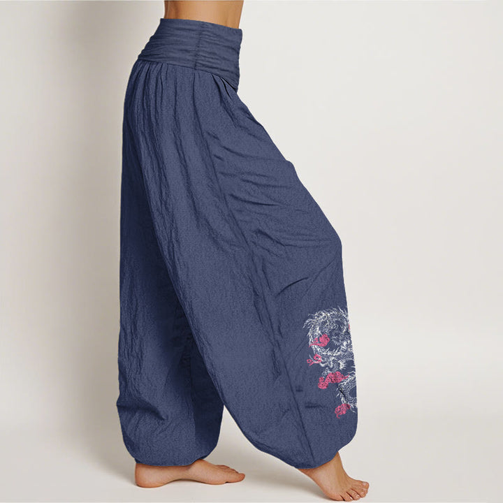 Pantaloni harem in cotone con elastico in vita, motivo floreale, motivo Buddha Stones Dragon Clouds di buon auspicio da donna - image 6