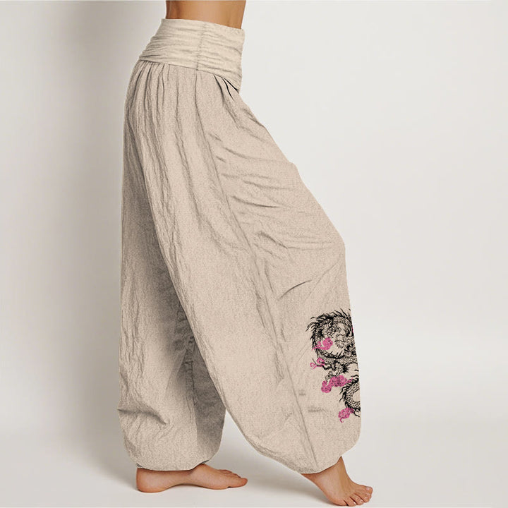 Pantaloni harem in cotone con elastico in vita, motivo floreale, motivo Buddha Stones Dragon Clouds di buon auspicio da donna - image 12