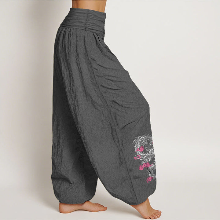 Pantaloni harem in cotone con elastico in vita, motivo floreale, motivo Buddha Stones Dragon Clouds di buon auspicio da donna - image 9