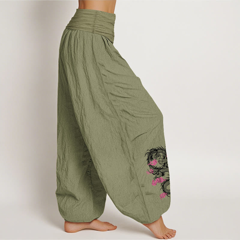 Pantaloni harem in cotone con elastico in vita, motivo floreale, motivo Buddha Stones Dragon Clouds di buon auspicio da donna - image 15