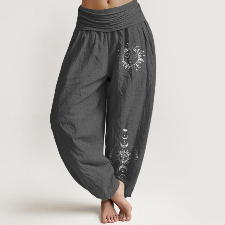 Pantaloni harem da donna in puro cotone con elastico in vita e motivo Buddha Stones Sun Moon Stars - Grigio scuro - US22, UK/AU26, EU54 (6XL) - image 0