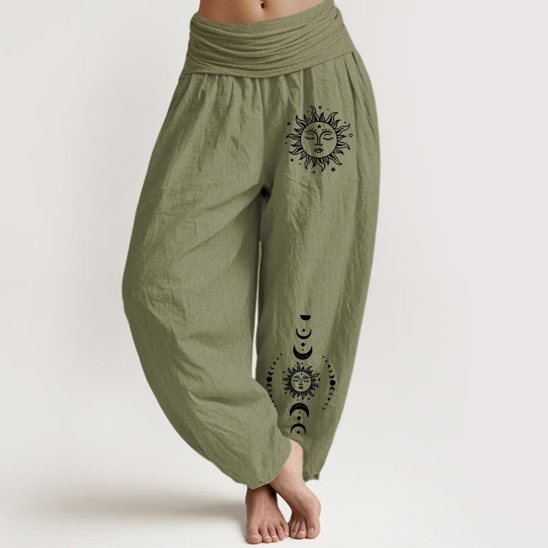 Pantaloni harem da donna in puro cotone con elastico in vita e motivo Buddha Stones Sun Moon Stars - Verde oliva - US22, UK/AU26, EU54 (6XL) - image 14