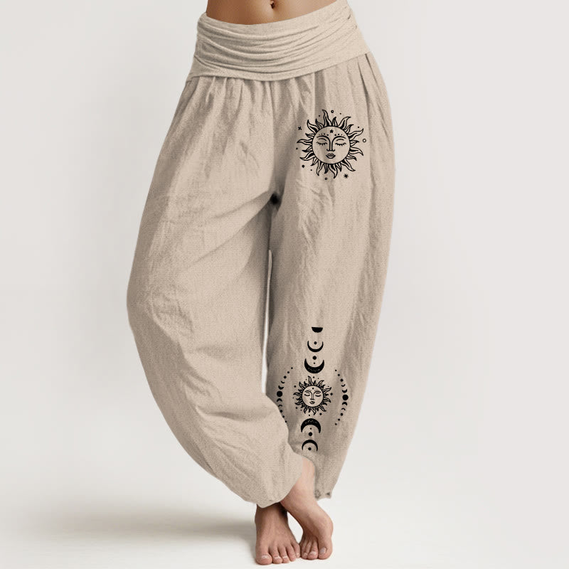 Pantaloni harem da donna in puro cotone con elastico in vita e motivo Buddha Stones Sun Moon Stars - Tan - US22, UK/AU26, EU54 (6XL) - image 11