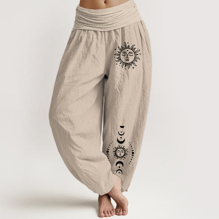 Pantaloni harem da donna in puro cotone con elastico in vita e motivo Buddha Stones Sun Moon Stars - Tan - US22, UK/AU26, EU54 (6XL) - image 11