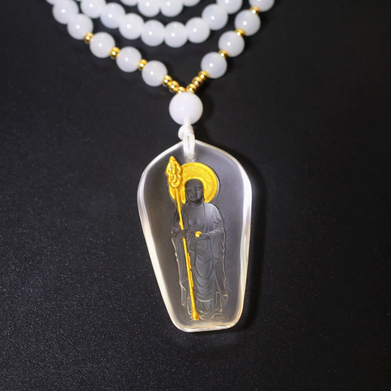 Buddha Stones Buddha tibetano Liuli Cristallo Ksitigarbha Bodhisattva Serenità Collana Ciondolo - Ksitigarbha con scettro e bianco - image 1