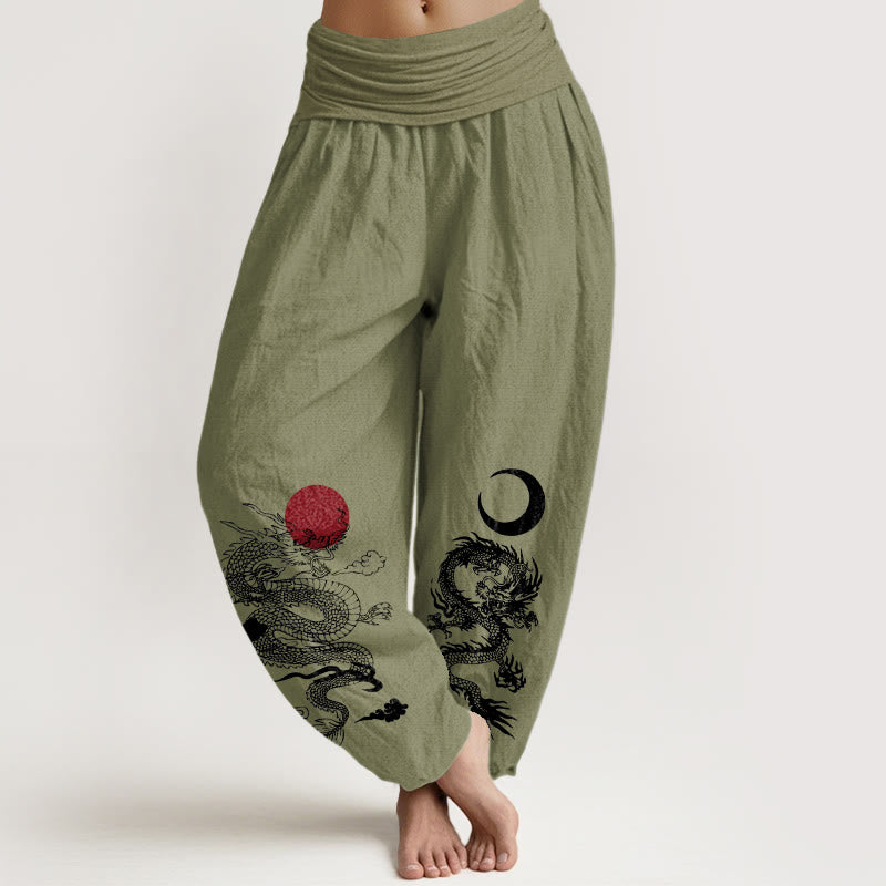 Pantaloni harem da donna con elastico in vita, in puro cotone, con motivo drago, sole e luna, motivo Buddha Stones - Verde oliva - US22, UK/AU26, EU54 (6XL) - image 14