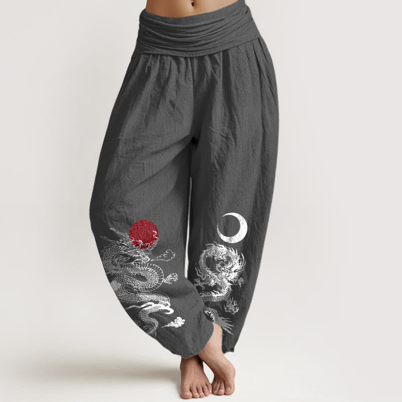 Pantaloni harem da donna con elastico in vita, in puro cotone, con motivo drago, sole e luna, motivo Buddha Stones - Grigio tenue - US22, UK/AU26, EU54 (6XL) - image 8