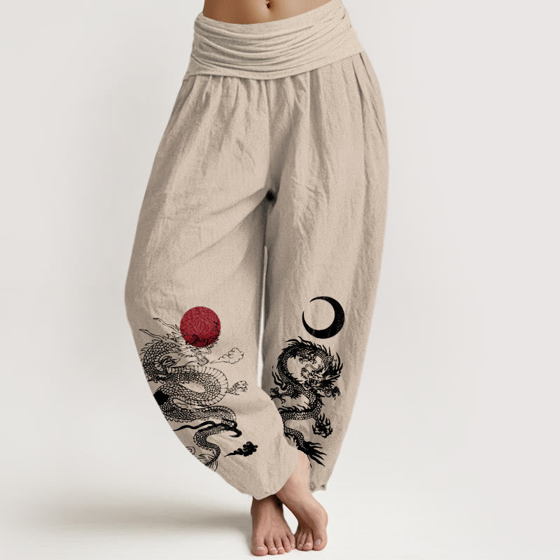 Pantaloni harem da donna con elastico in vita, in puro cotone, con motivo drago, sole e luna, motivo Buddha Stones - Tan - US22, UK/AU26, EU54 (6XL) - image 11