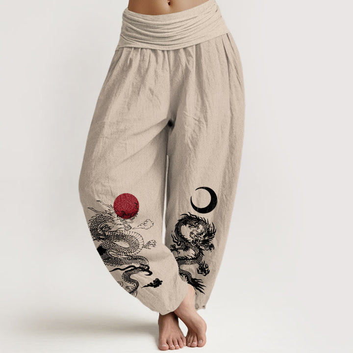 Pantaloni harem da donna con elastico in vita, in puro cotone, con motivo drago, sole e luna, motivo Buddha Stones - Abbronzatura - US22, UK/AU26, EU54 (6XL) - image 11