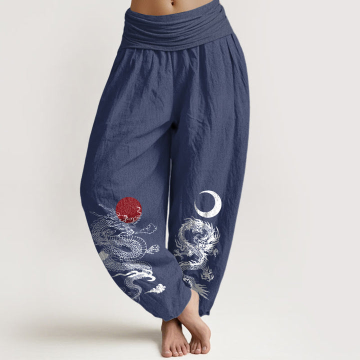 Pantaloni harem da donna con elastico in vita, in puro cotone, con motivo drago, sole e luna, motivo Buddha Stones - Blu ardesia scuro - US22, UK/AU26, EU54 (6XL) - image 5
