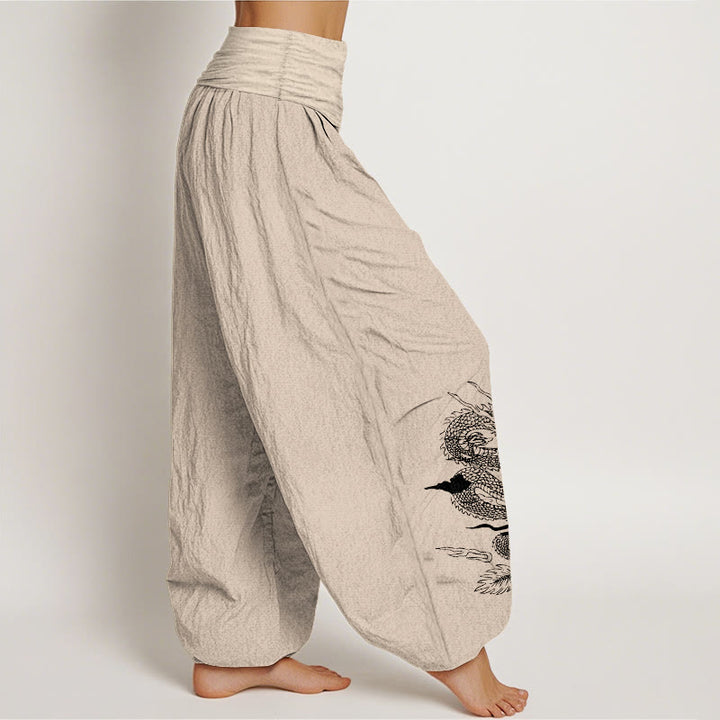 Pantaloni harem da donna con elastico in vita, in puro cotone, con motivo drago, sole e luna, motivo Buddha Stones - image 12