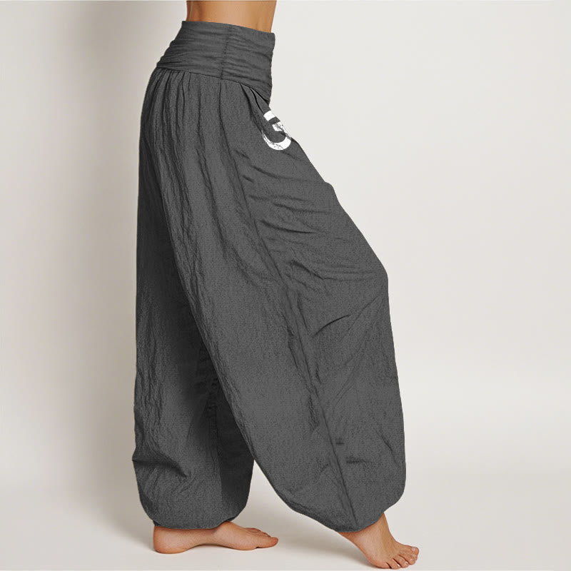 Pantaloni harem da donna con elastico in vita, in puro cotone, con motivo a loto e simbolo Om, in tinta unita - image 1