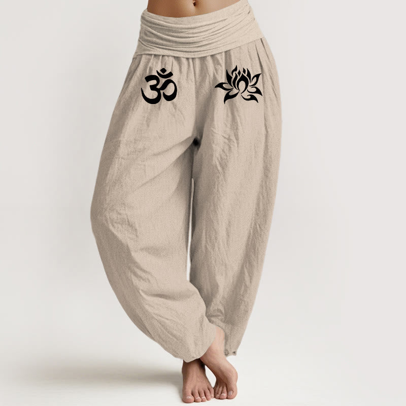 Pantaloni harem da donna con elastico in vita, in puro cotone, con motivo a loto e simbolo Om, in tinta unita - Tan - US22, UK/AU26, EU54 (6XL) - image 11