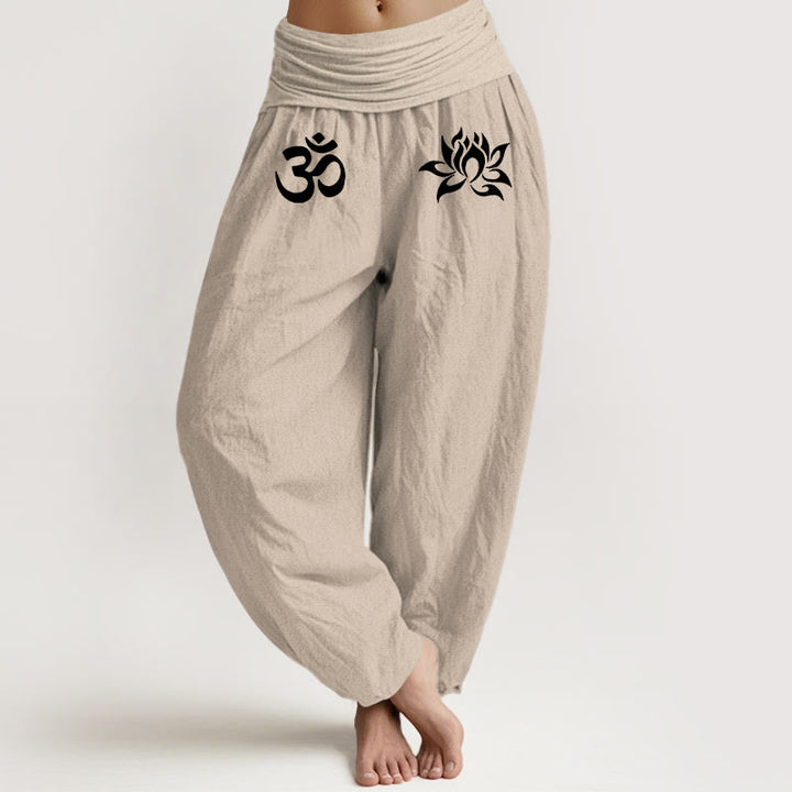 Pantaloni harem da donna con elastico in vita, in puro cotone, con motivo a loto e simbolo Om, in tinta unita - Tan - US22, UK/AU26, EU54 (6XL) - image 11