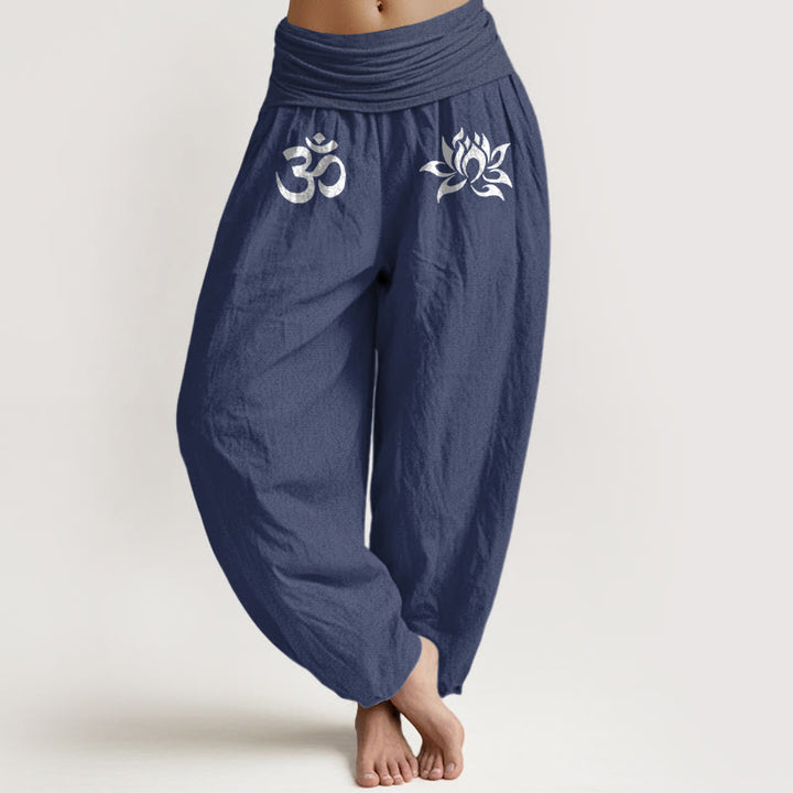 Pantaloni harem da donna con elastico in vita, in puro cotone, con motivo a loto e simbolo Om, in tinta unita - Blu ardesia scuro - US22, UK/AU26, EU54 (6XL) - image 8