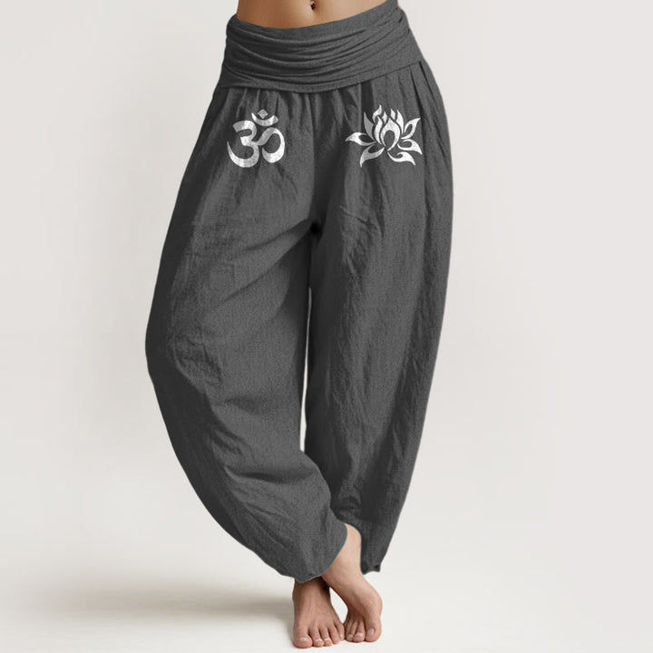 Pantaloni harem da donna con elastico in vita, in puro cotone, con motivo a loto e simbolo Om, in tinta unita - Grigio scuro - US22, UK/AU26, EU54 (6XL) - image 0