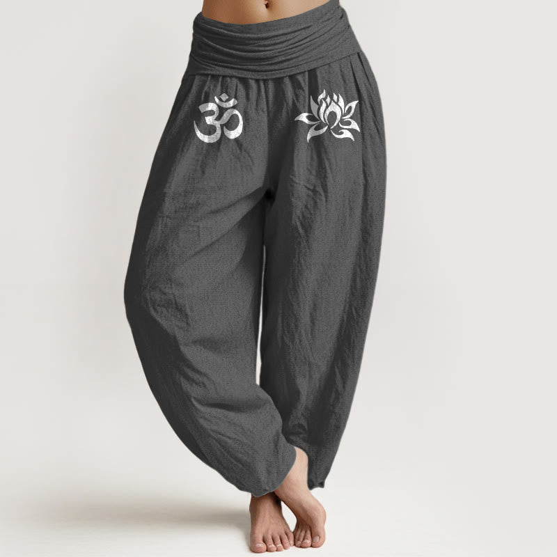 Pantaloni harem da donna con elastico in vita, in puro cotone, con motivo a loto e simbolo Om, in tinta unita - Grigio tenue - US22, UK/AU26, EU54 (6XL) - image 0