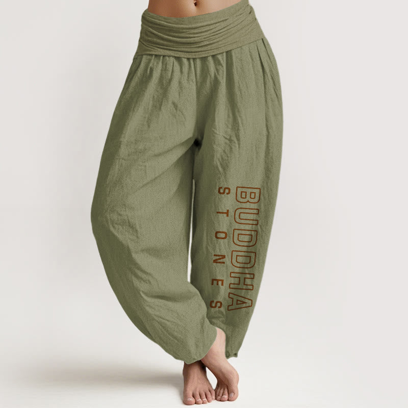 Pantaloni harem da donna in cotone puro tinta unita con scritta " Buddha Stones " Buddha Stones vita elastica - Verde oliva - US22, UK/AU26, EU54 (6XL) - image 14