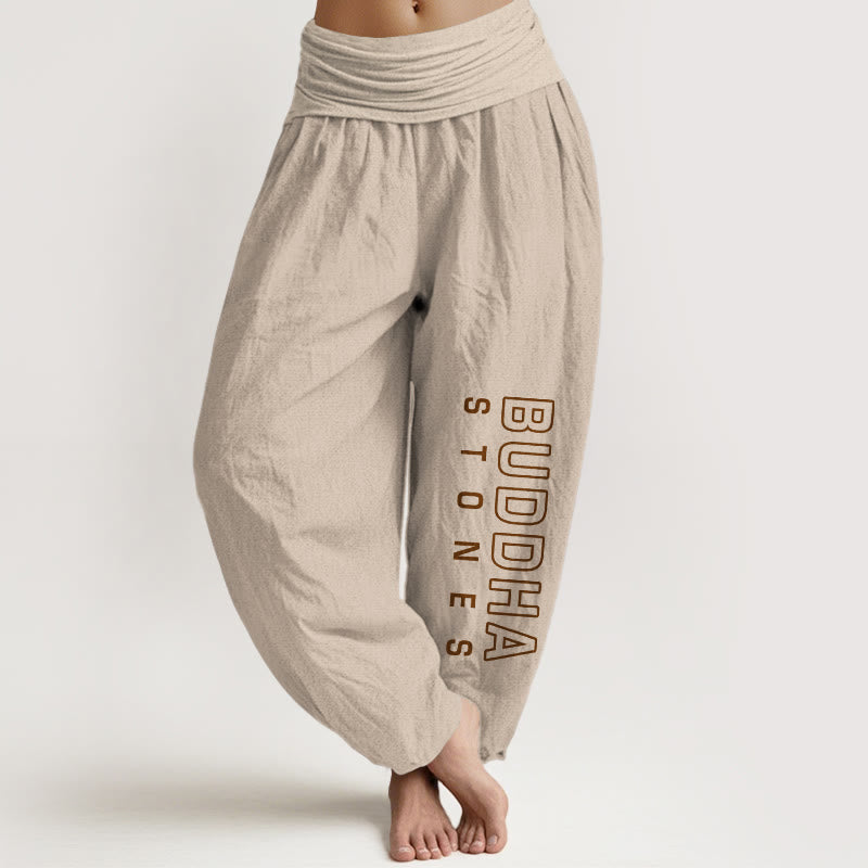 Pantaloni harem da donna in cotone puro tinta unita con scritta " Buddha Stones " Buddha Stones vita elastica - Abbronzatura - US22, UK/AU26, EU54 (6XL) - image 0