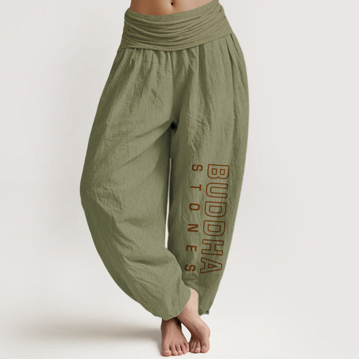 Pantaloni harem da donna in cotone puro tinta unita con scritta " Buddha Stones " Buddha Stones vita elastica - Verde oliva - US22, UK/AU26, EU54 (6XL) - image 14